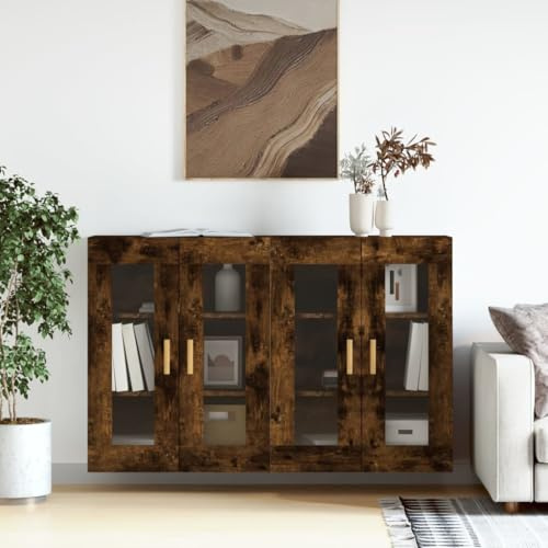Owoxanthellate Wandschrank-Set Räuchereiche 2er Glasvitrinen 69,5x34x90 cm aus Holzwerkstoff & Eukalyptus massiv, platzsparendes Sideboard for Living Room Schlafzimmer Flur