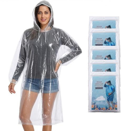 AURALIN Regnponcho 5-pack Engångs Transparent Vattentät Regnkappa med Huv för Vuxna Dam Herr Enstorlek Perfekt för Fotboll VM 2026 Festivaler Camping Vandring Utomhus Nödsituation