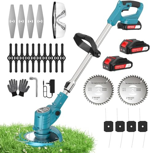 X-cotec debroussailleuse Electrique sans Fil, 800W/60Min, Coupe Bordure sans Fil avec 2 Batterie, debrouissalleuses Batterie 21V, 4 Types De Lames, Poignée réglable
