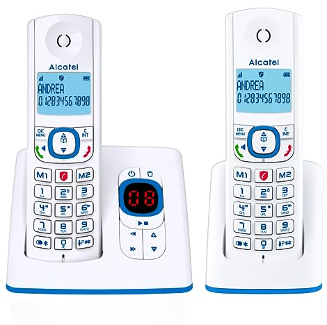 ALCATEL F530 Voice Duo - Telefono fisso cordless DECT con segreteria - Grande display retroilluminato - Vivavoce - Funzione blocco chiamate - 2 tasti di memoria diretta - 2 portatili - Bianco/Blu