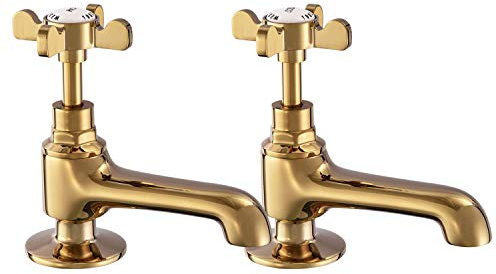 Peppermint Polished Gold Basin Pillar Taps Pair Two Bathroom Sink Tap Hot and Cold Taps Cross Lever Twin Bathroom Faucet Victorian Traditional Faucet Vintage Victorian 2 Holes