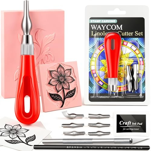 WAYCOM Linoleum Blocks for printmaking - Linocut kit Set with Cutter and Hobby Knife & Pencil for DIY Block Printing and Stamp Carving - Craft Kit Gift for Beginners & Adult