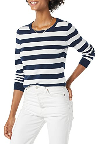Amazon Essentials långärmad lätt tröja med rund hals (finns i plusstorlek), marinblå vit rugbyremsa, X-Large