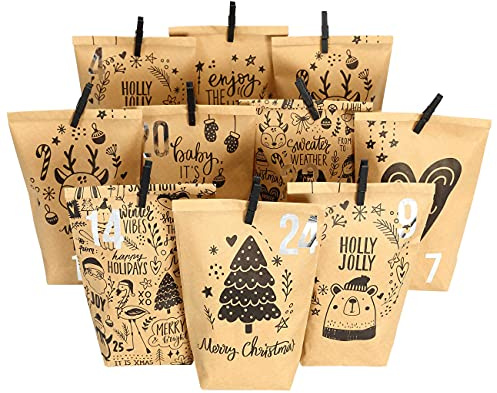 Calendrier de l'Avent Extravagant à remplir - avec 24 Sacs-Cadeaux Bruns et 24 Autocollants et Pinces à Chiffres - Motif Enfant 1 - pour bricoler et Offrir - Noël & Avent