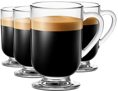 LUXU Irish Glass Coffee Mugs,10.5 oz Ice coffee cups,4pc Clear Tea Cups | Everyday Drinkware,Water Glass With Handles,Glass Drink Tumblers,Bar Glassware,Glass Mugs with Handle for Hot/Cold Beverages