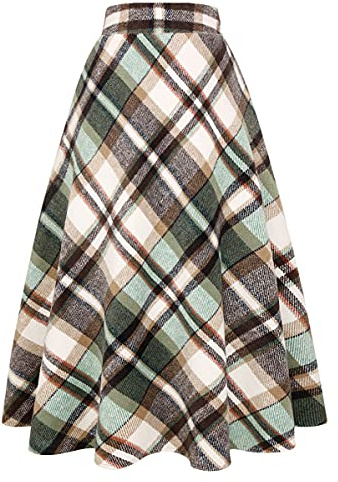 IDEALSANXUN Dam, rutiga ullkjolar, elastisk midja, A-linje, veckad, tartan, långa kjolar, S