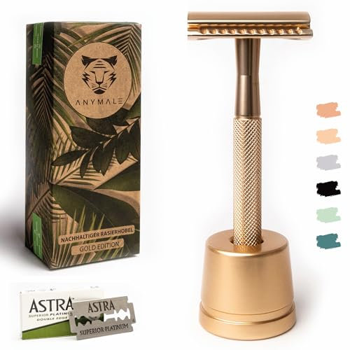 ANYMALE® Rasierhobel - Damen Set mit Ständer, Reiseschutz und 5 Klingen - Plastikfreier Nassrasierer aus Metall - Razor Gold Edition