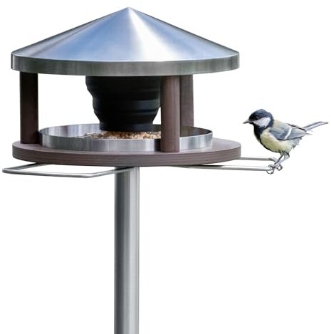LicusDesign Vogelhaus mit Ständer wetterfest aus Edelstahl - Stabiles Vogelfutterhaus für draußen, modern aus Metall - Vogelfutterstation - Futterhaus für Vögel stehend