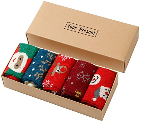 Diealles Shine Chaussette Femme, 5 Paires Chaussettes de Noël Femme, Chaussettes en Coton de Noël, Socquettes Coffret Cadeau en Coton pour Fille