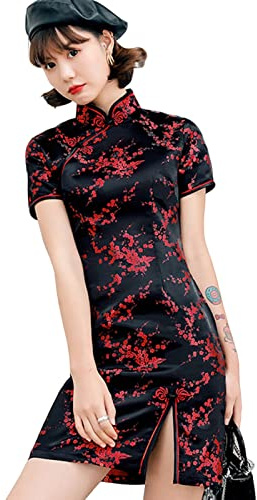 SHINROAD Vestito da donna cheongsam Collare Mandarino Manica Corta Signora Fiore Stile Cinese Qipao Mini Abito Abbigliamento Nero M