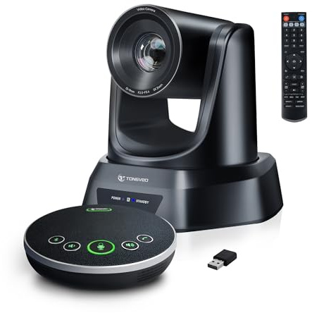 TONGVEO AI PTZ Auto-Tracking Camera with Bluetooth Microphone, 3X Optical Zoom 1080P 60fps All-in-One Video Conference System, 93° Wide Angle Webcam for Church Live Streaming Office