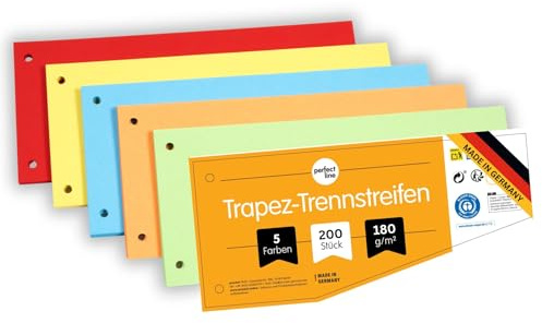 perfect line - 200 Trennstreifen für Ordner A4, Trennblätter aus Recycling-Karton, Trapez-Form, 5 Farben, 2 fach gelocht, Made in Germany, Blauer Engel zertifiziert