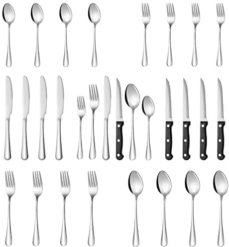 Soleebee Besteck Set für 4 Personen, 24-teiligs Edelstahl Besteck Spiegelpoliert mit Steakmesser Gabel Löffel, Spülmaschinenfest Besteck-Set für Zuhause, Hochzeit, Bankett