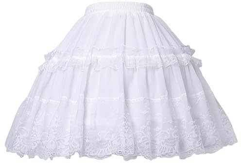 YULUOSHA Women Girls Lace Crinoline Lace Lolita Cosplay Petticoat 2 Hoops Skirt Chiffon Ball Gown Short Half Slip Underskirt-White
