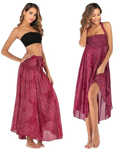 Womens Skirts, Women 2in 1 Vintage Maxi Skirt Floral Print Halter Dress High Waist Swing Boho Skirt (Rose)