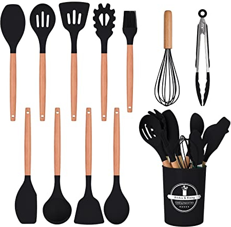 FIOUSY Lot de 12 ustensiles de cuisine en silicone avec poignée en bois, résistants à la chaleur, antiadhésifs, spatule, cuillère, passe au lave-vaisselle, meilleurs outils de cuisine (Noir)