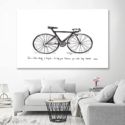 GEMMII Schwarz-weißer Fahrrad-Radfahrer-Druck, Fahrrad-Vintage-Poster, Geschenk für Badezimmer-Dekoration, Lebenszitat, Rennrad-Wandkunst, 42 x 60 cm, rahmenlos