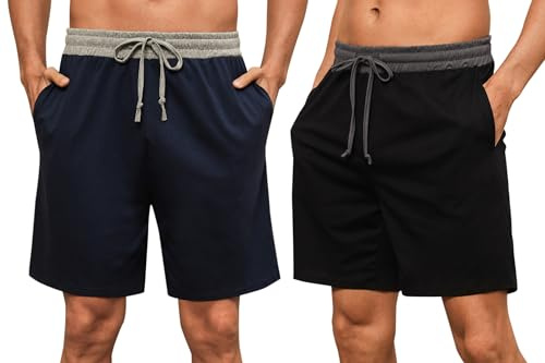 Nieery 2-pack pyjamasbyxor herr, korta bomull, sommar, pyjamas, shorts, fritidsbyxor, loungebyxor med sidofickor och elastisk linning, Grå + mörkblå, S