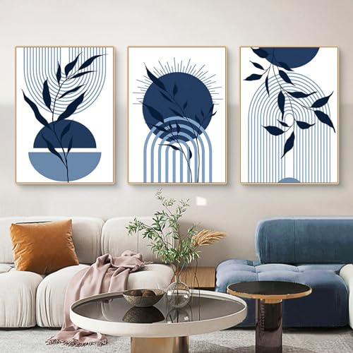 Martin Kench Set di 3 Quadri Boho Set di Poster Moderni Astratti Blu Pianta Foglie Quadri da Parete Soggiorno Quadri su Tela Poster da Parete Soggiorno Camera da Letto Decorazione (L,40x50cm)