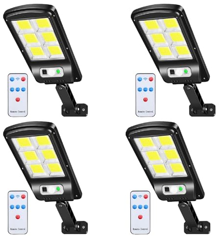 MOKEKA Lampione Solare LED Esterno, Faro Stradale con Pannello Solare, Sensore Crepuscolare e di Movimento, 3 Modalità, Luce Fredda 6500K, IP65 Impermeabile, Ideale per Giardino, Terrazzo (Pacco da 4)