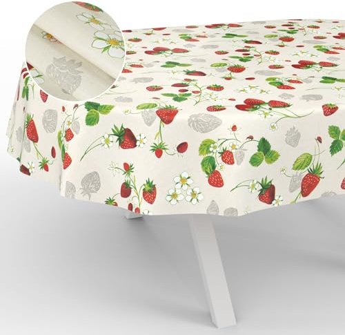Nappe en Toile cirée, Lavable, pour Table de Jardin, extérieur et intérieur, Ovale, Bord coupé, Motif Fraises, 180 x 140 cm