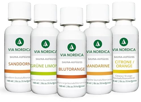 VIA NORDICA Saunaaufguss Set [AtemFrei-Komplex Formel] Saunadüfte & ätherische Öle - Tolles Saunaaufguss Probierset, Saunaöl Saunaduft Sauna-Zubehör Wellness Aufguss Duftöl - Set Frucht