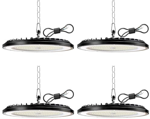 4PCS UFO LED Lámpara de Alta Bahía 200W, 30000LM Superbrillantes Focos Led Interior Techo, 6000K Blanco Frío Iluminación de Almacén, IP65 Impermeable Lampara Industrial para Garaje Fábrica Taller