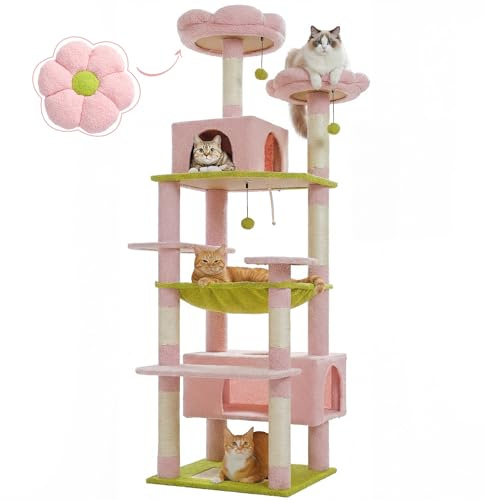 PAWZ Road Cat Tree for Large Cats, 184cm Tall Cat Tower with Large Condo | 72 Large Cat Tower with Spacious Hammock, 7 Scratching Posts and Pads, 2 Padded Perch and Dual Condo for Indoor Cats, Pink