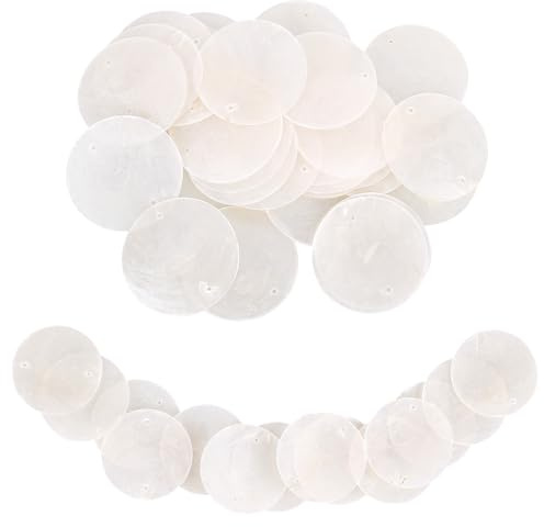 MJFENDAI 30 Stücke Muschel Perlmutt Scheiben mit Loch, 50mm Handgefertigte Windglockenscheiben Muscheln Weißes, zum Schmuck selber machen Für Mit Charms Charme Dekoration Loch Windmuschel Roman