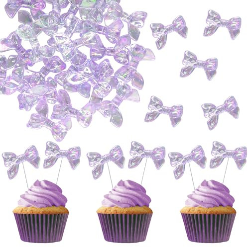 Gyufise 24Pcs Bow Knot Cupcake toppers Bowknot Cake Topper Decorations Selected Princess Picks for Wedding Baby Shower Birthday Party Supplies Purple