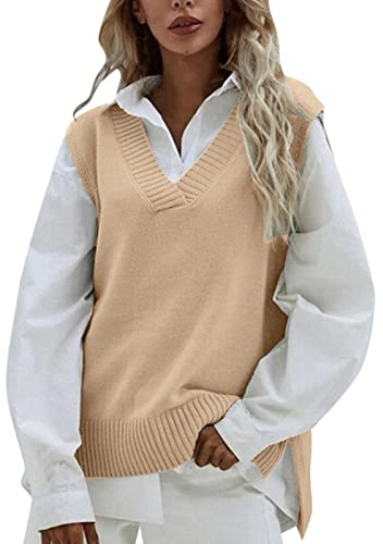 Pull en tricot côtelé sans manches avec col en V pour femme - Décontracté - Veste en maille avec fente - Blouse - Pull en peluche pour femme, kaki, Taille unique