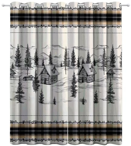 CozyRest Kinder Vorhänge Handbemaltes Holzhaus auf dem Land Ösen Gardinen mit Blickdichte Thermo Vorhang Kälteschutz Blackout Curtain Kinderzimmer Schlafzimmer Creme Ösenvorhang H 214 x B 91.5 cm