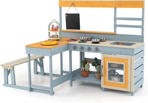 GYMAX Kids Mud Kitchen, Outdoor Children Pretend Play Kitchen | with Picnic Table, Bench, Blackboard, Stoves, Kitchenware & Dessert Accessories, Wooden Toy Kitchen Set for 3+ Years Old