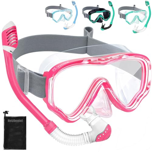 Vvinca Schnorchelset Kinder ab 4-14 Jahre Taucherbrille mit Schnorchel Tauchset Mädchen Jungs 180°Anti-Fog Anti-Leck Verstellbare Elastische Schwimmbrille Schnorchelmaske Dry Schnorchel Rosa