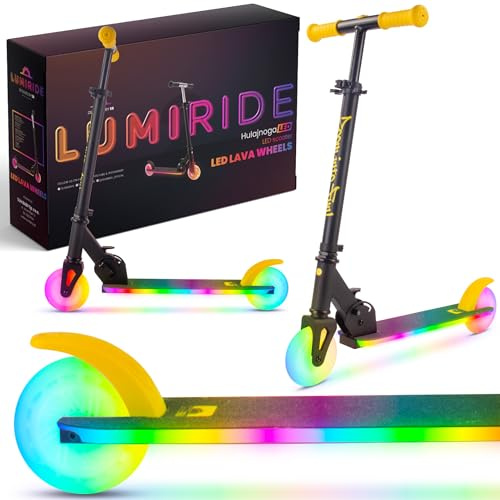 LUMI RIDE Sparkcykel Barn 2 hjul, trehjuling skoter från 3 år, LED - 7 färger, 20 program - 3 nivåer av styrhöjdsjustering, fotbroms, avtagbara handtag (Svart och gult)