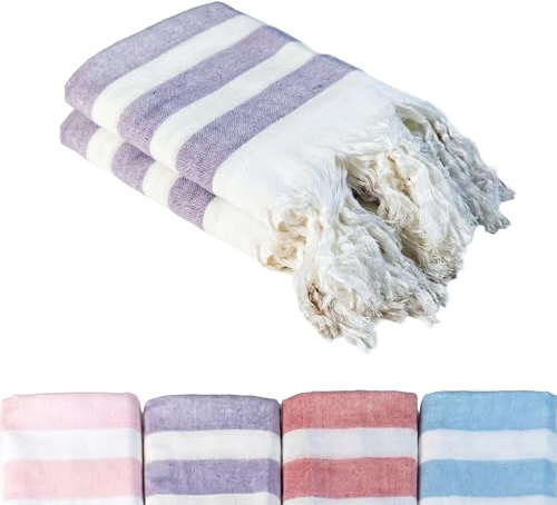 Loomvia - 2er-Set - 90x180 cm - Dünn & transparent - seidig weiches Pestemal für Damen - Bambus & Baumwolle - farbecht und langlebig Dank gewebter Streifen - Dekoratives Geschenk Hamamtuch - Lila