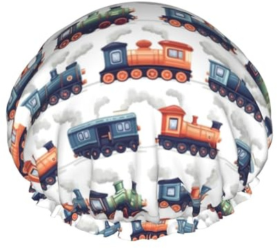 Large Shower Caps for Women Reusable - Vintage Steam Train 1 Print Double Layer Hair Cap for Shower with Peva Lining and Elastic Rope