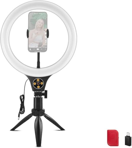 NEEWER Entry Level Version 10.5 Aro Luz Foco Mesa w Trípode/Soporte Móvil Compatible con iPhone,Timer/Remoto10W CRI85+ LED Iluminación para Selfie Maquillaje Streaming Grabación Videoconferencia,N25