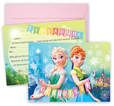 NiLiNo Eiskönigin Einladungskarten Kindergeburtstag – 12 Einladungen + 12 Umschläge – Anna Elsa Mädchen