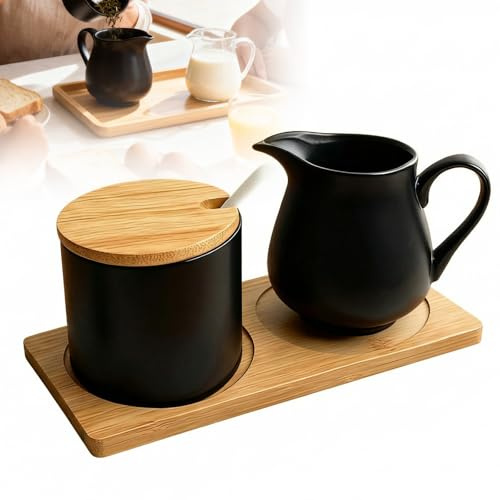 PORFOYO Set di latte e zucchero con coperchio e cucchiaio, brocca per latte in ceramica con vassoio in legno, zuccheriera barista, set da zucchero e crema da zucchero, lavabile in lavastoviglie e