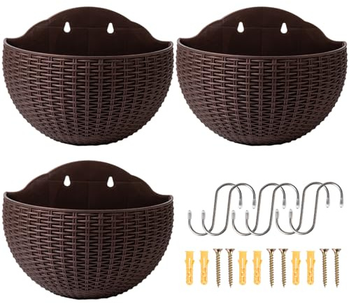 CAKEEYUM Fioriera sospesa a Parete 3 Pezzi 8x6, 5 Pollici PP Vaso per Piante sospesa con Foro di drenaggio e Tappo per piantare Interni ed Esterni, fioriera da Parete Color caffè, Vaso per Piante
