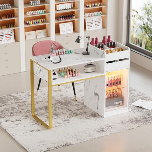 Tavolo per Manicure in Legno, Tavolo Manicure con Cassetti, Armadietti Visualizzati con Luci LED Regolabili, Marmo-bianco-oro Tavolo Unghie Moderno per Salone di Bellezza (117x45x81cm)