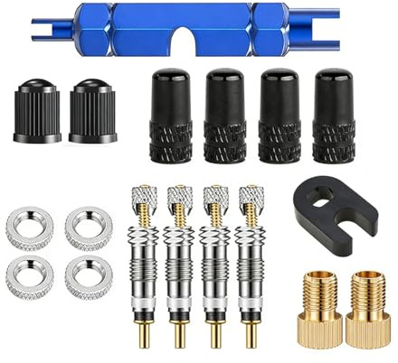 18 Stück Französisches Ventil Adapter Ventilkappen Fahrrad Ersatz Set,Fahrradventil Französisch Presta Ventileinsatz Valve Kappe Brass Kit Ventilschlüssel für Scooter Rennrad MTB Tubeless Ventile Bike