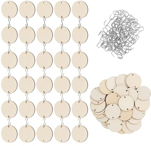 Belle Vous 100 Stück Natürliche Runde Holzscheiben zum Basteln mit S-Haken - 3,4cm - 2,5mm Kleine Holzscheiben Rund - DIY-Basteln, Hochzeits Deko, Weihnachtsdekorationen & Ornamente