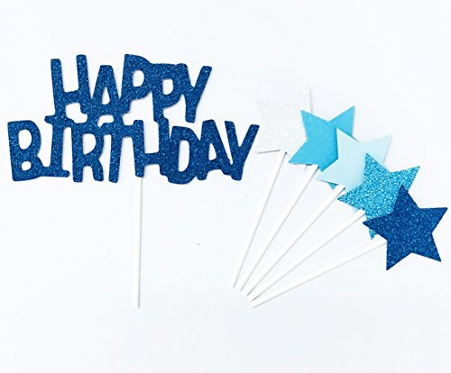 Lming Adornos para tartas con purpurina hechos a mano para tartas, magdalenas y helados - Feliz cumpleaños (6 unidades) Conjunto Azul