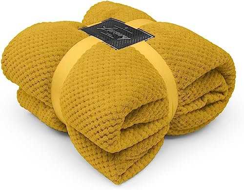 FAIRWAYUK Waffle Honeycomb Throw Fleece Blankets, 100% Polyester Warm Faux Fur Throws Over Sofa Bed Settee Soft Blanket, Extra Large (Ochre, Double Size 150x200cm)