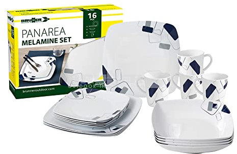 BRUNNER Set de vaisselle de camping (lot de 16 pièces) pour 4 personnes - Melamine Set Panarea - en mélamine de haute qualité, antidérapante et résistante
