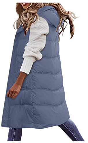 HHMY Chaleco acolchado ligero, largo – Abrigo de invierno con capucha, chaleco cálido, chaqueta acolchada con bolsillos con capucha, exterior, sin mangas, chaqueta de entretiempo para mujer, gris,