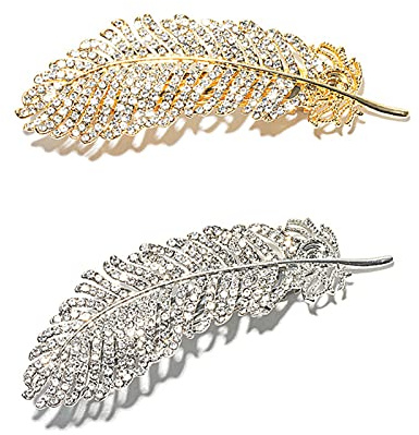 SacJkt pince cheveux strass, vintage barrettes à cheveux en forme de plume en métal, épingles à cheveux feuille mariage, chic accessoires de cheveux pour femmes dames fille (2pcs, 7cm, doré, argenté)
