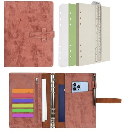 Wonderpool A5 Carnet de notes en cuir rechargeable 6 anneaux classeur avec papier pointillé l'écriture laitière et la couverture multi-poches pour les voyages d'études commerciales (A5, Brun)